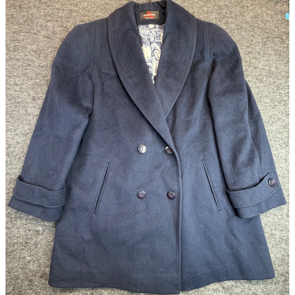 Vtg Alorna Wool Blend Double Breasted Womens Coat XL Navy Graphic Print Lining